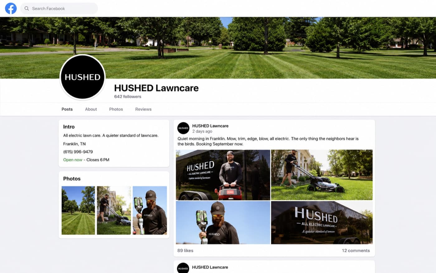 An active lawn care page: 642 followers, posting weekly, real job site photos